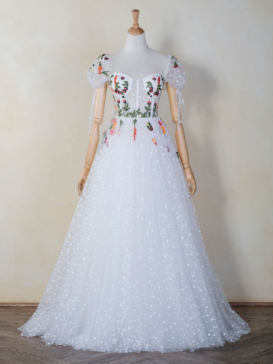 Corset EmbroideTulle Sweep Train Prom Dresses
