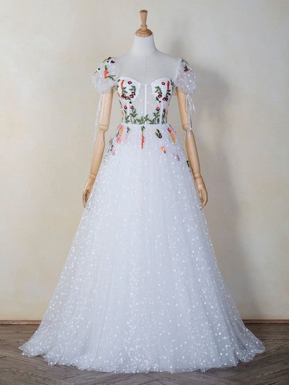 Corset EmbroideTulle Sweep Train Prom Dresses