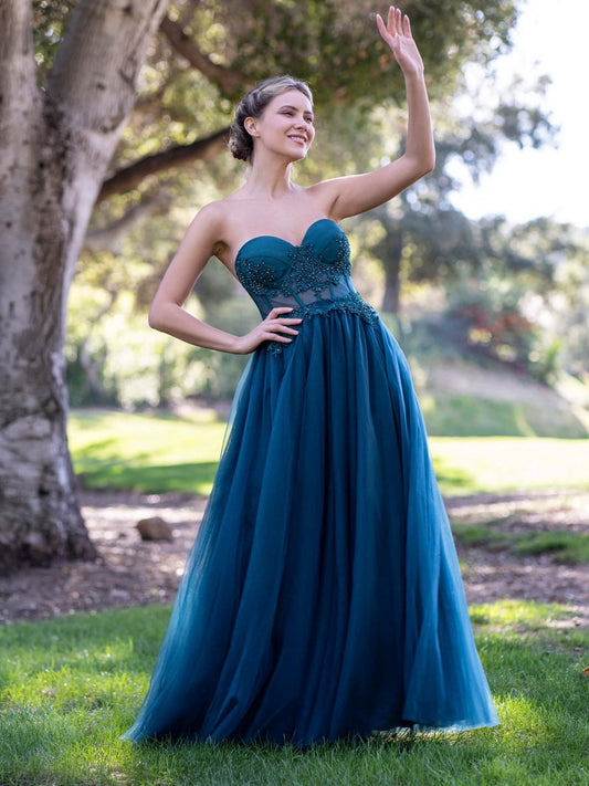 Corset Lace Floor Length Tulle Prom Dresses