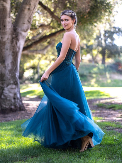Corset Lace Floor Length Tulle Prom Dresses