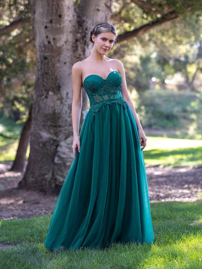 Corset Lace Floor Length Tulle Prom Dresses