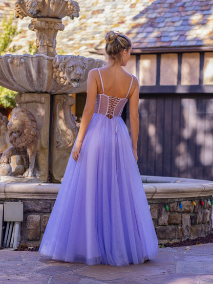 Spaghetti Straps Corset Floor Length Tulle Prom Dresses