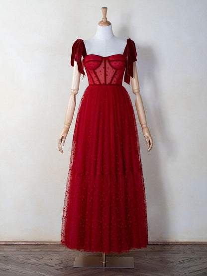 Corset Dotted Tulle Maxi Length Prom Dresses