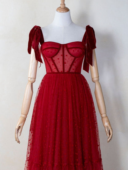 Corset Dotted Tulle Maxi Length Prom Dresses