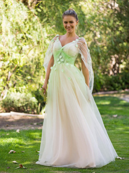 V-neck 3D Applique Floor Length Tulle Prom Dresses