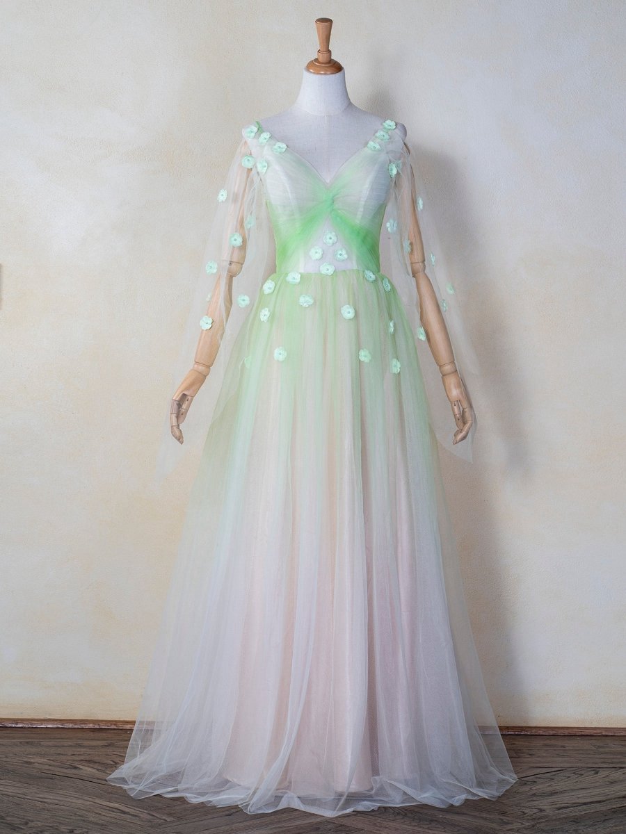 V-neck 3D Applique Floor Length Tulle Prom Dresses