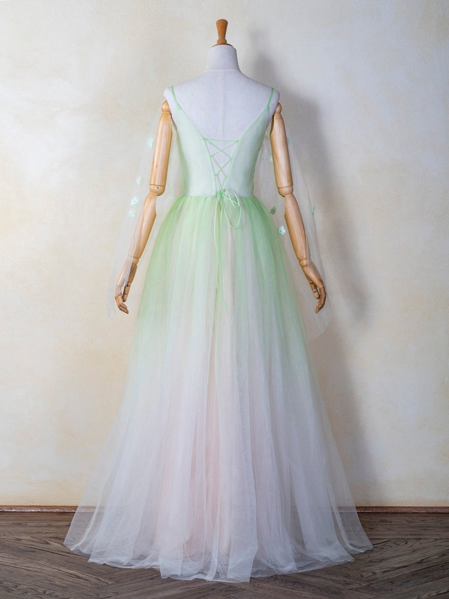 V-neck 3D Applique Floor Length Tulle Prom Dresses