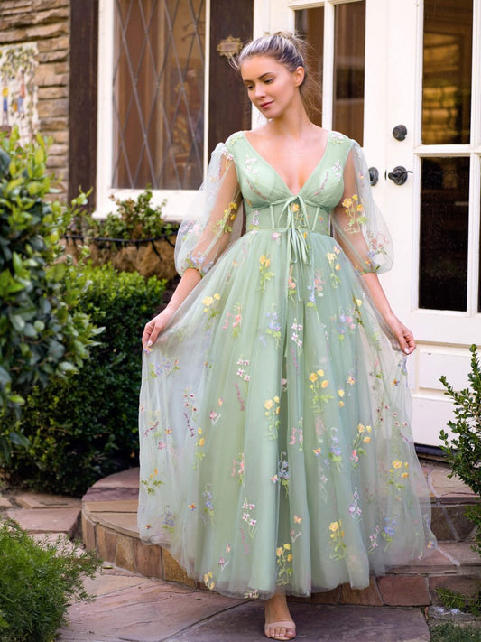 V-neck Embroidery Maxi Length Tulle Corset Floral Prom Dresses