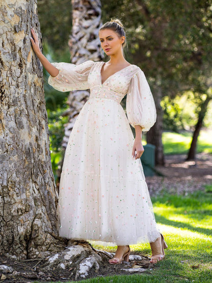 Deep V Starlit Cloud Ruffle Cuffs Maxi Length Dresses