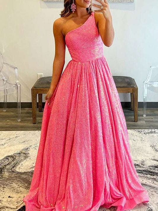 A-line One Shoulder Sequins Prom Dresses with Pockets