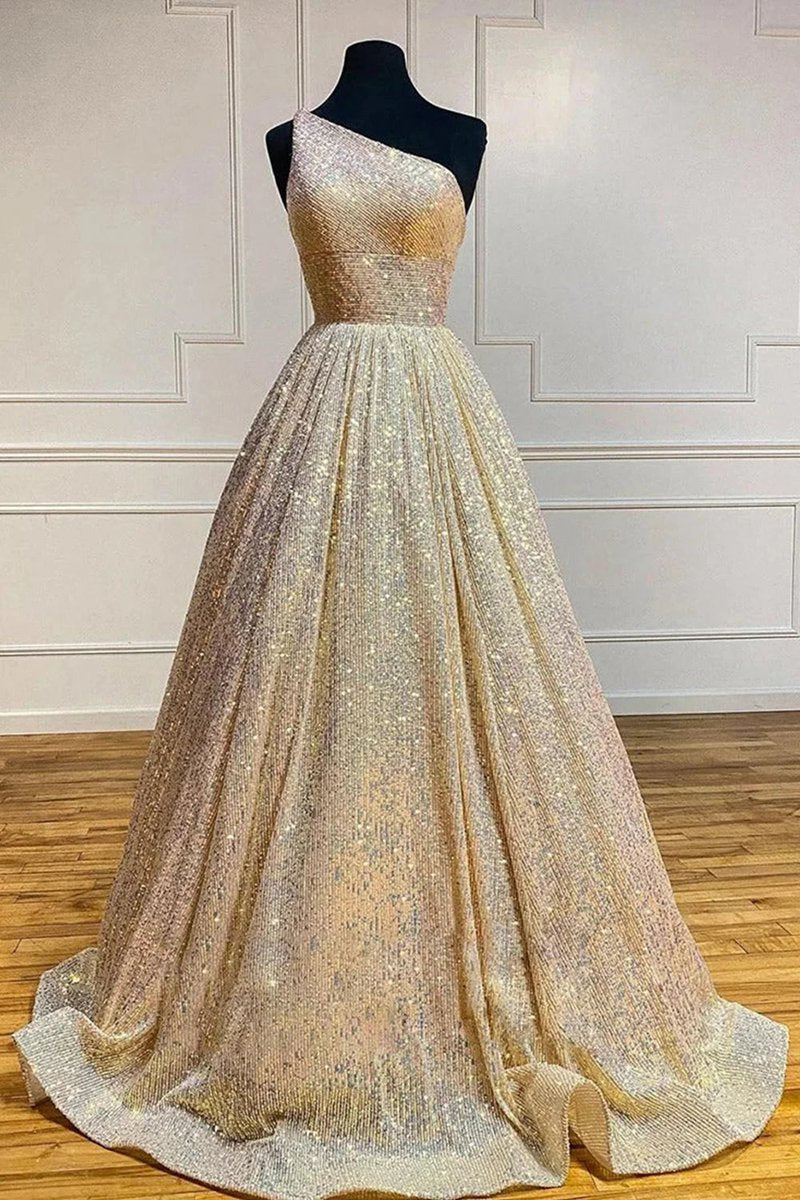 A-line One Shoulder Sequins Prom Dresses with Pockets