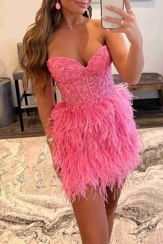 Sheath Sweetheart Lace Feather Skirt Homecoming Dresses