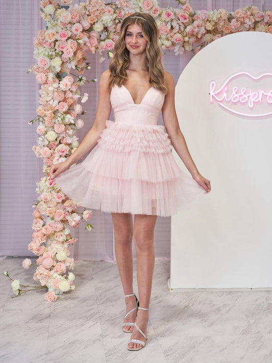 A-line Deep V Neck Tie Short Homecoming Dresses