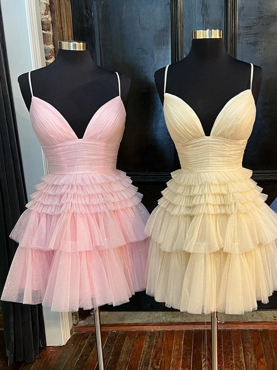 A-line Deep V Neck Tie Short Homecoming Dresses