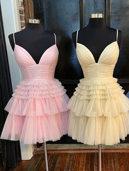 A-line Deep V Neck Tie Short Homecoming Dresses