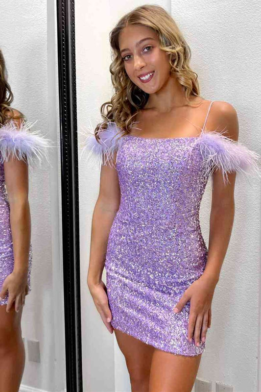 Bodycon Sequins Homecoming Dresses with Feathers