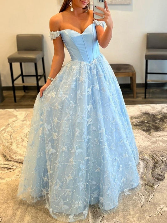 A-line Off the Shoulder Satin Lace Prom Dresses