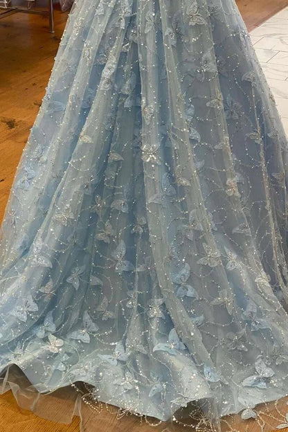 A-line Off the Shoulder Satin Lace Prom Dresses