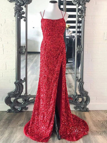 Mermaid Spaghetti Straps Long Sequins Prom Dresses