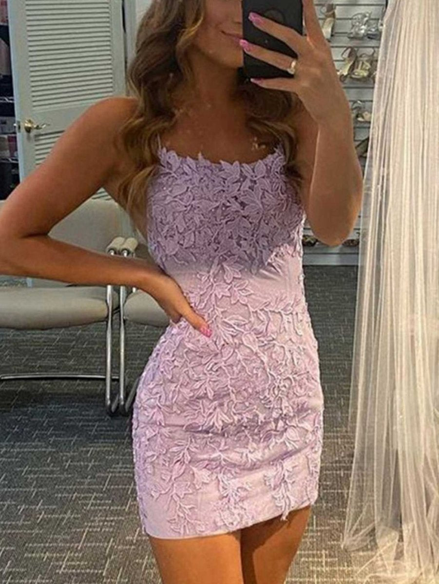 Sheath Spaghetti Straps Lace Homecoming Dresses