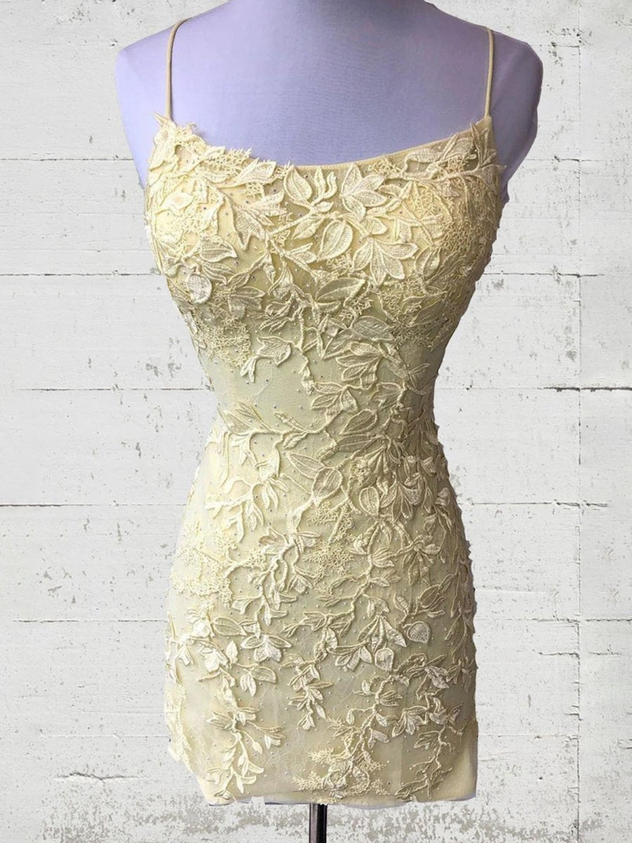 Sheath Spaghetti Straps Lace Homecoming Dresses