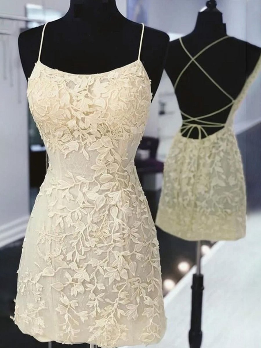 Sheath Spaghetti Straps Lace Homecoming Dresses
