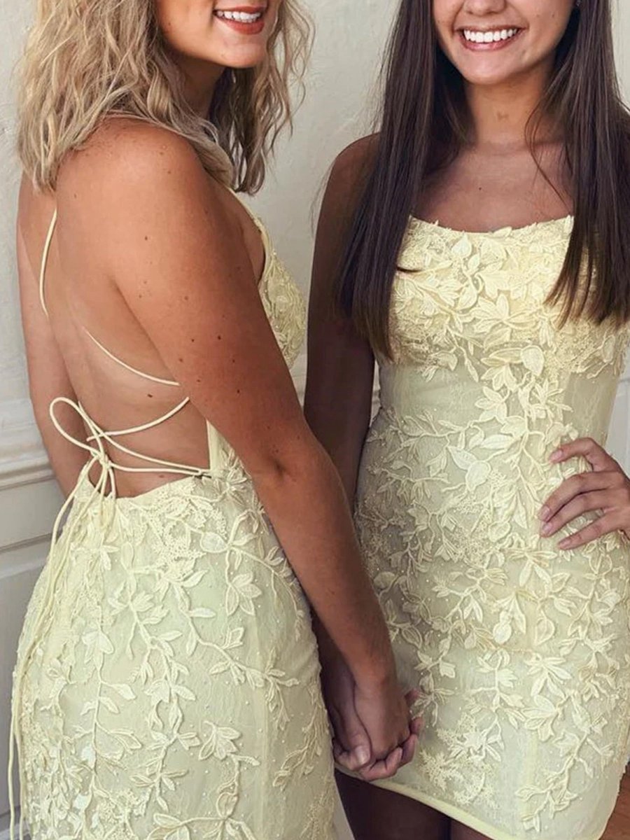 Sheath Spaghetti Straps Lace Homecoming Dresses