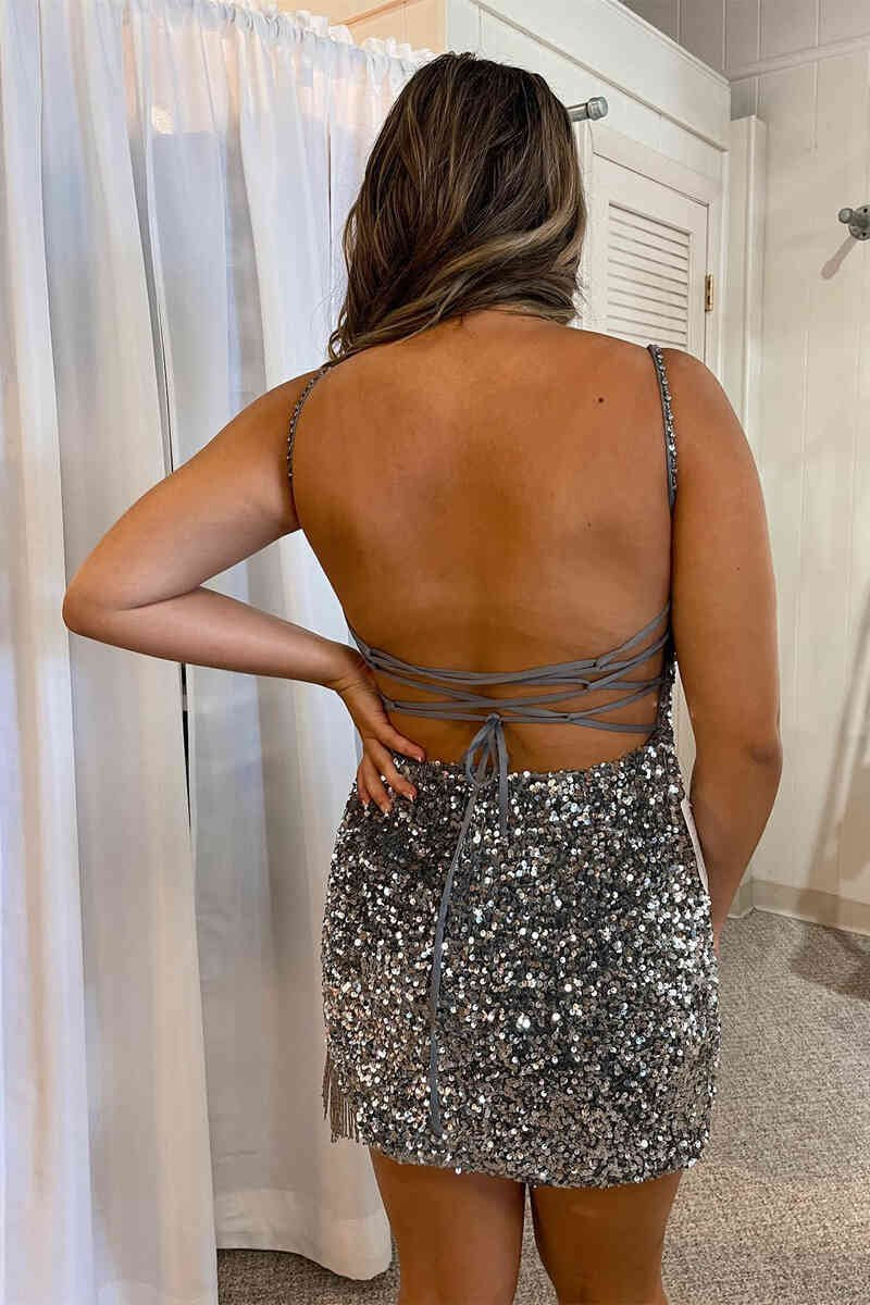 Bodycon Spaghetti Straps Sequins Homecoming Dresses with Tassel