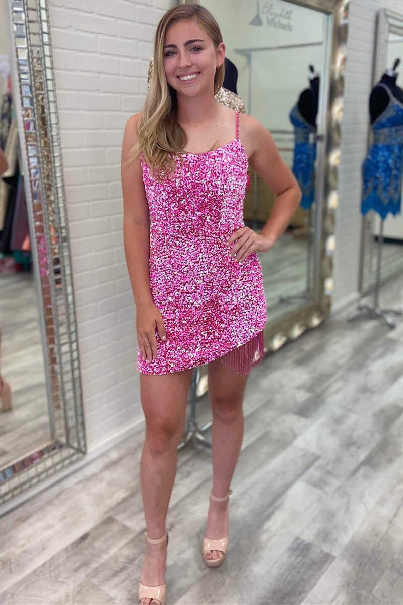 Bodycon Spaghetti Straps Sequins Homecoming Dresses with Tassel