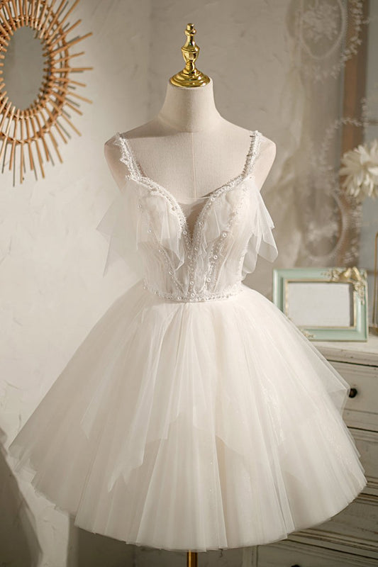 V Neck Spaghetti Straps Beading Short Homecoming Dresses