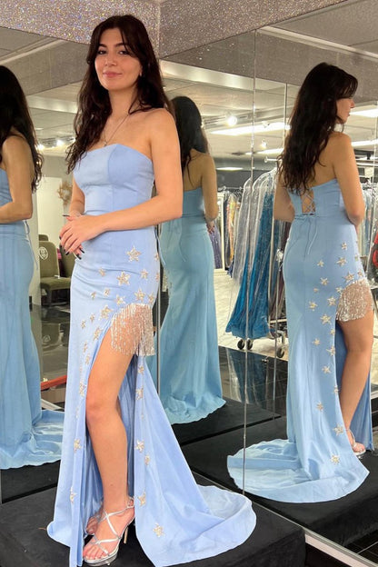 Sheath Strapless Strech Satin Prom Dresses with Stars and Fringes