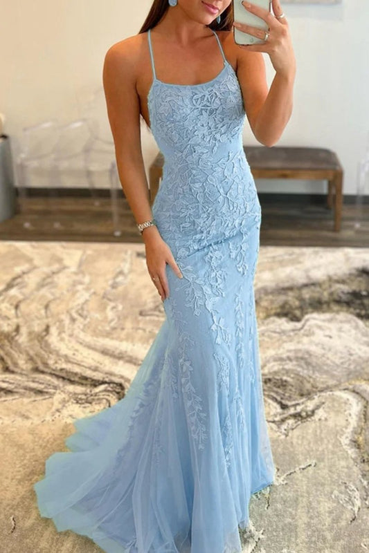 Mermaid Spaghetti Straps Lace Prom Dresses