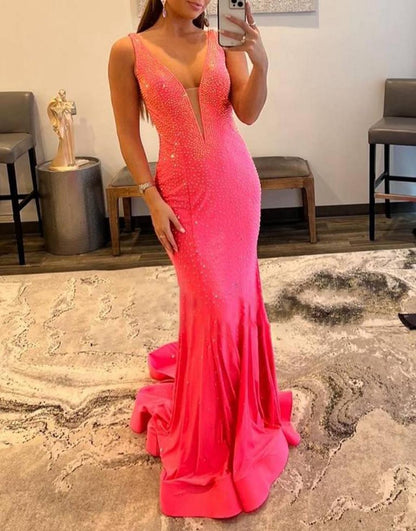 Mermaid V-neck Beaded Mermaid Prom Dresses