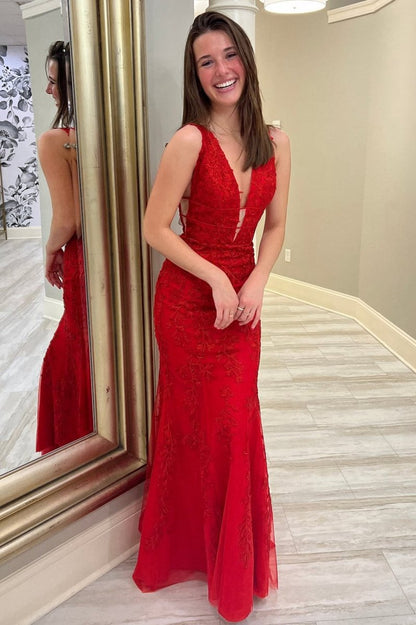 Mermaid Plunge V Neck Lace Prom Dresses