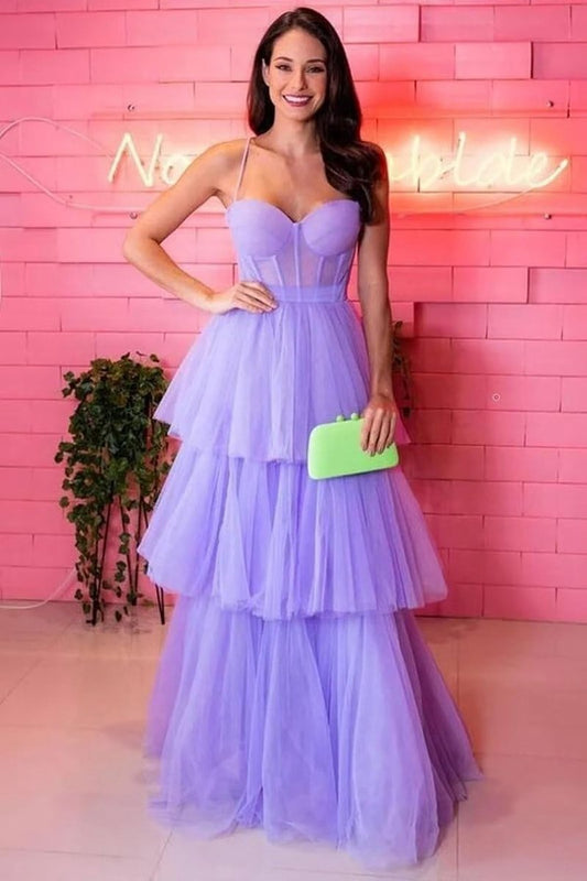 A-line Tie Ruffled Long Tulle Prom Dresses