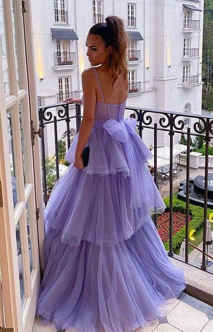 A-line Tie Ruffled Long Tulle Prom Dresses