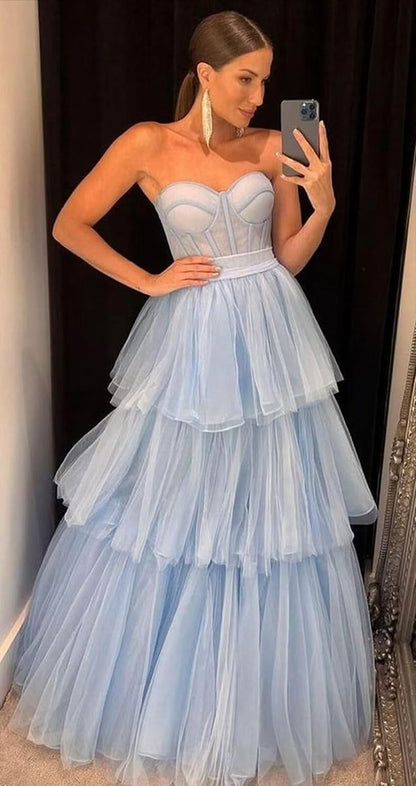 A-line Tie Ruffled Long Tulle Prom Dresses