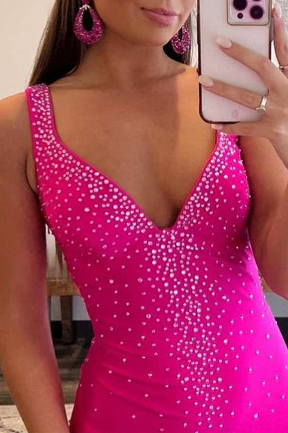 Mermaid V-Neck Beaded Satin Prom Dresses with Cross Back