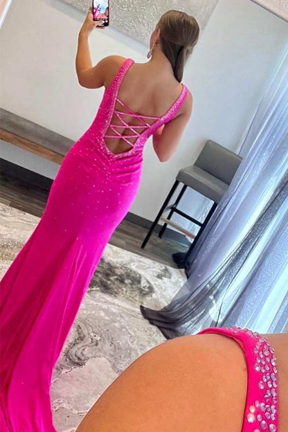 Mermaid V-Neck Beaded Satin Prom Dresses with Cross Back