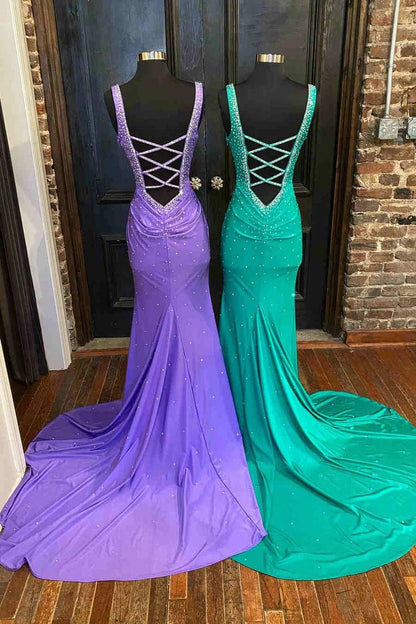 Mermaid V-Neck Beaded Satin Prom Dresses with Cross Back