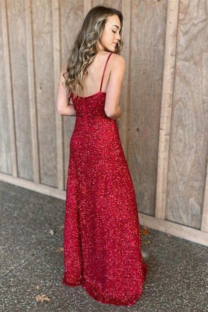 Spaghetti Straps Sequins Long Prom Dresses