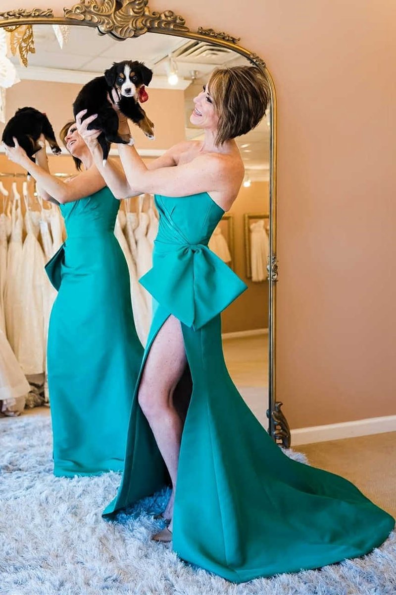 Mermaid Strapless Long Satin Prom Dresses with Bow Tie
