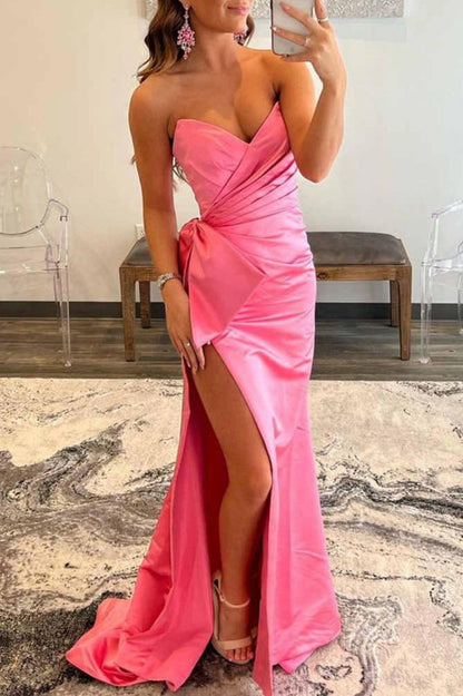 Mermaid Strapless Long Satin Prom Dresses with Bow Tie