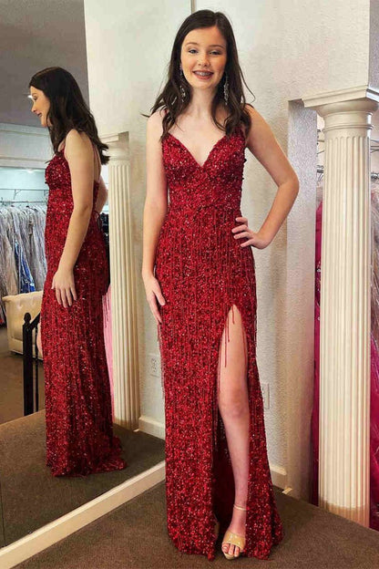 Glitter V-Neck Long Prom Dresses with Tassel