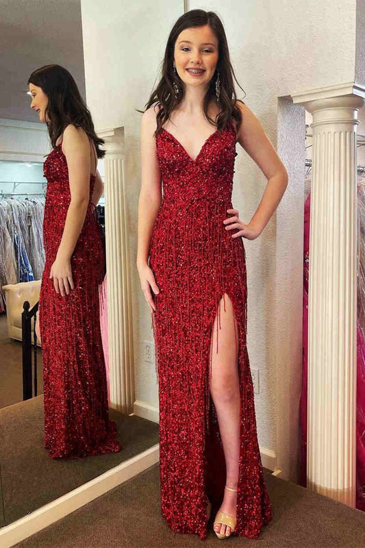 Glitter V-Neck Long Prom Dresses with Tassel