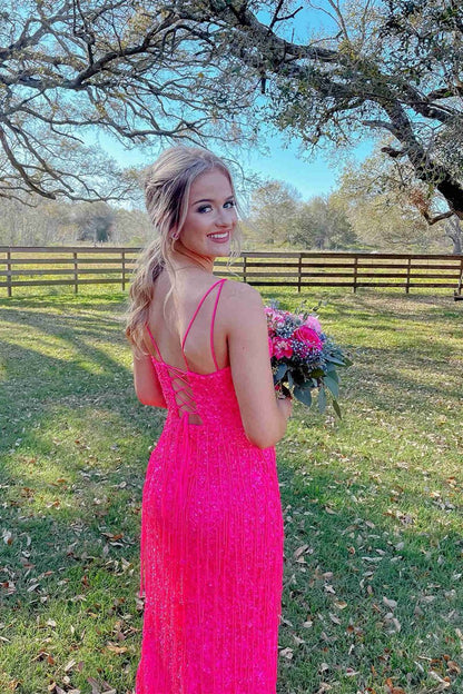 Glitter V-Neck Long Prom Dresses with Tassel