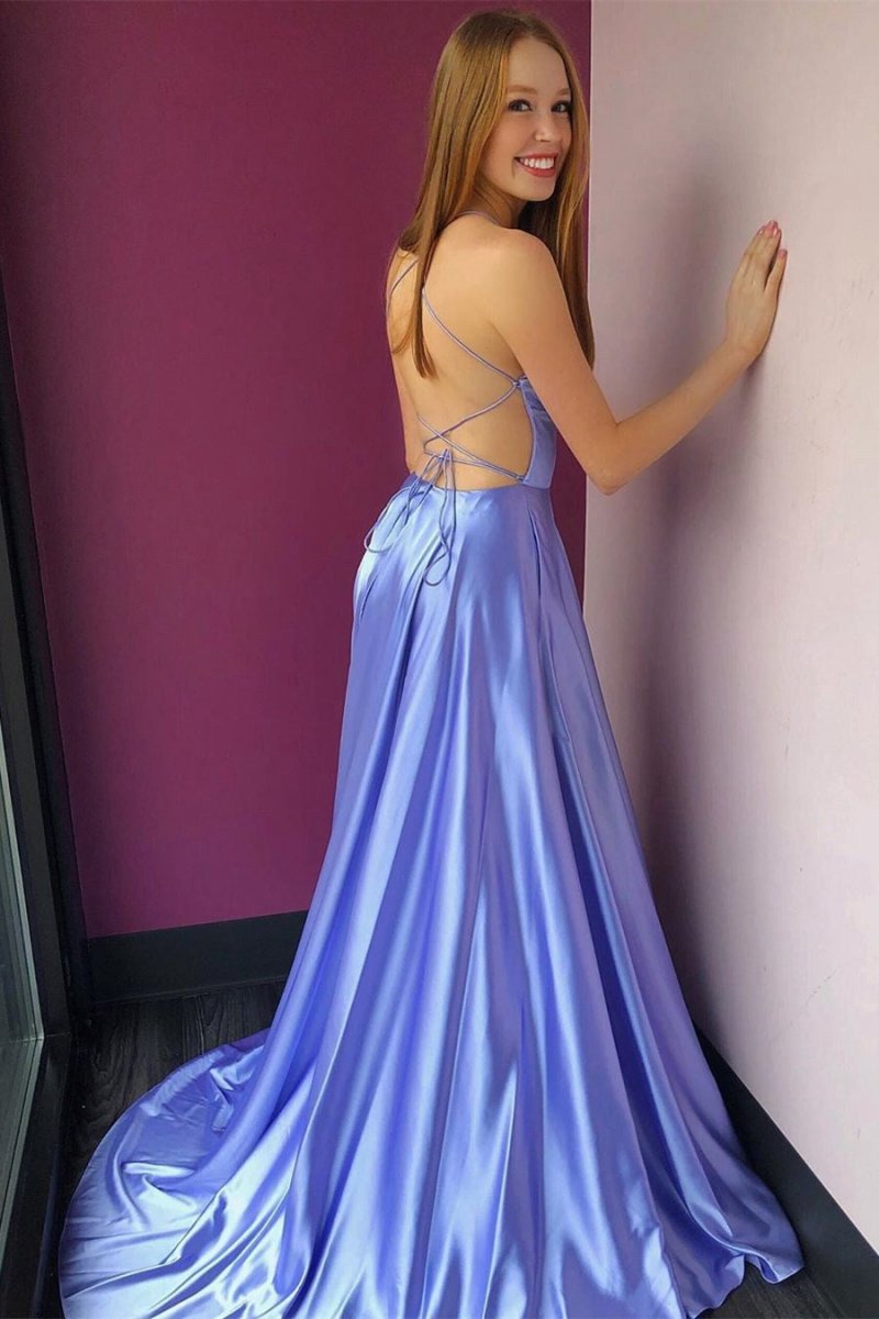 Simple High Slit Long Prom Dresses with Pockets