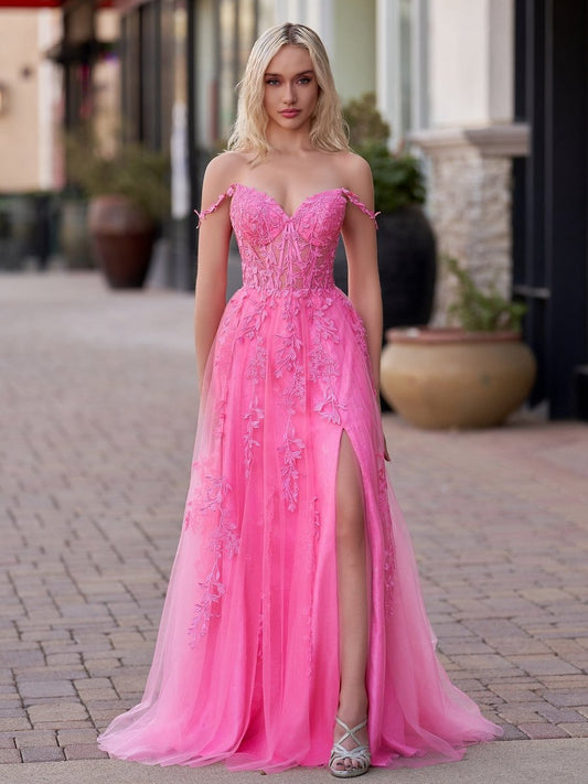 A-line Sweetheart Lace Tulle Prom Dresses with Slit
