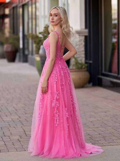 A-line Sweetheart Lace Tulle Prom Dresses with Slit