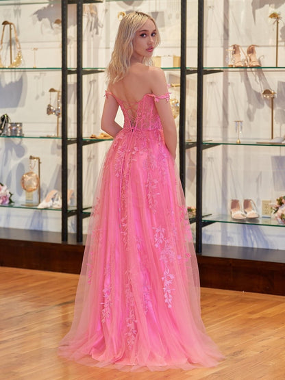 A-line Sweetheart Lace Tulle Prom Dresses with Slit